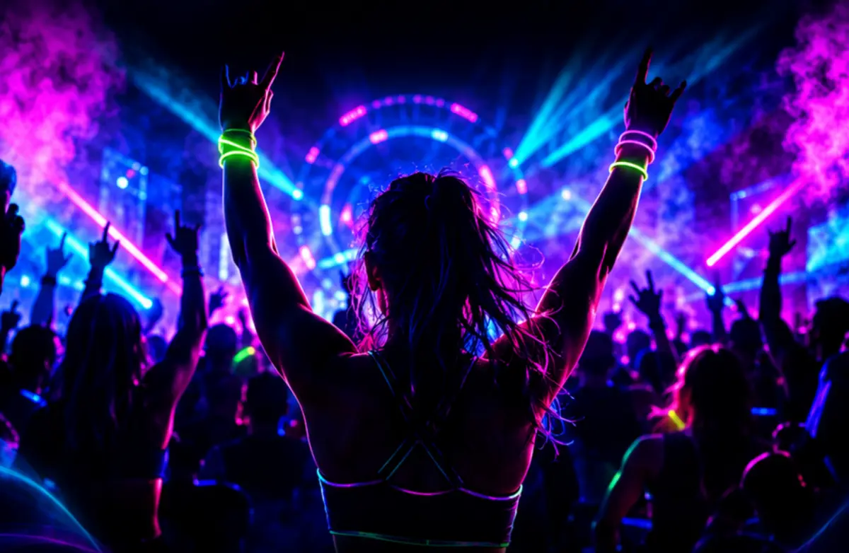 A raver with glowing wristbands, arms up in a crowd under neon lights