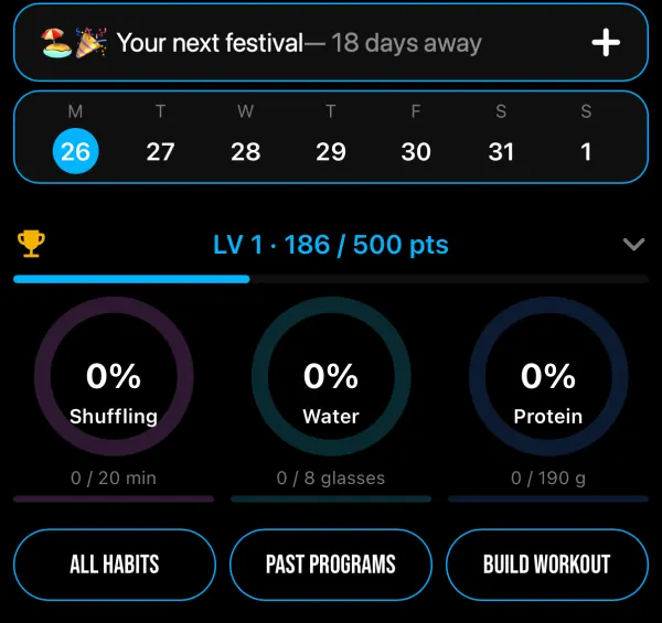 PLURpulse workouts screen: a countdown to the next event, this week's days, your level and points, and daily habit rings